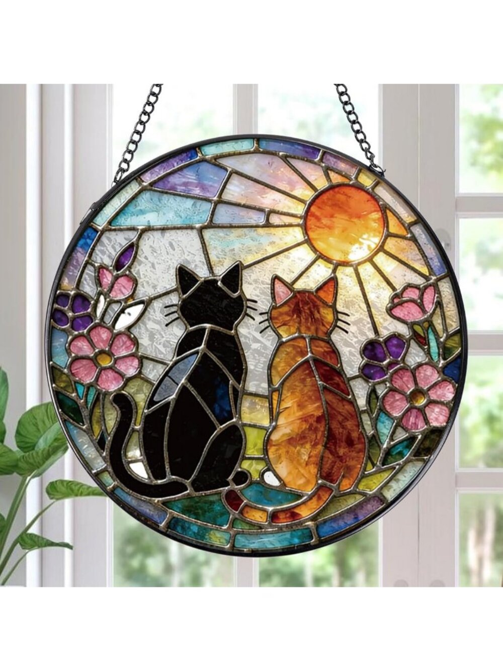 Stained Glass Cat Sun Catcher - 7.8″ Indoor Window Decor, Home & Garden Art Gift